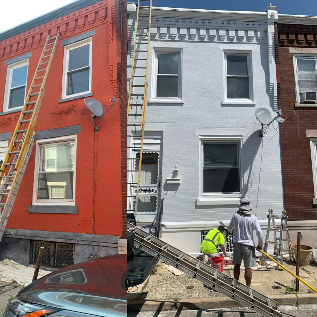 Project 8: Before and After Brick Rowhome Exterior Painting — Philadelphia, PA | Affordable Philly Painters Before and after exterior house painting of a Philadelphia, PA brick rowhome facade, faded red brick repainted light grey with white window trim by UMAR Painting Co. Philly exterior painters
