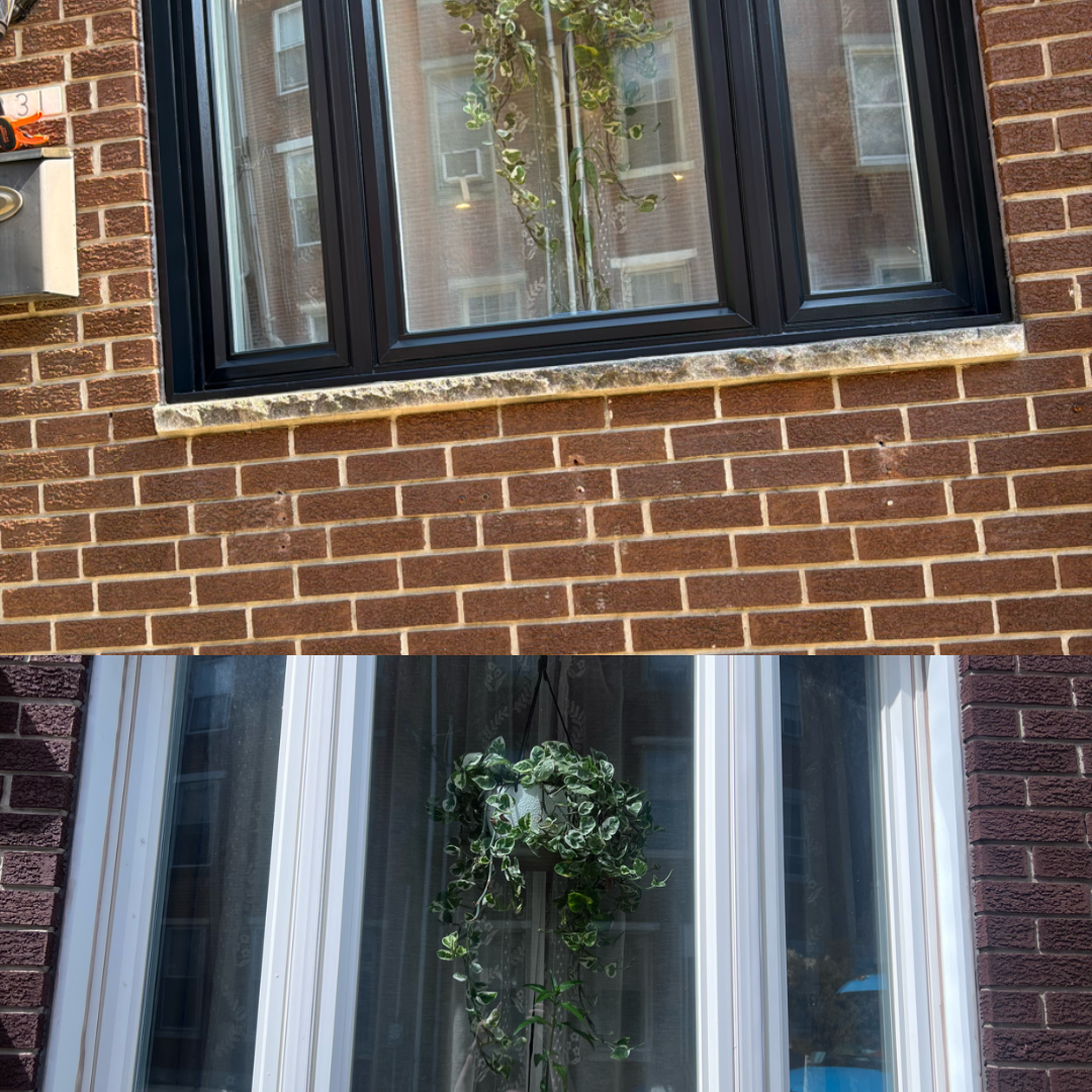 Project 7: Brick Rowhome Window Trim and Sill Painting — Philadelphia | Affordable Philly Painters Before and after exterior painting of Philadelphia brick rowhome window trim and sill by UMAR Painting Co., professional Philly house painters