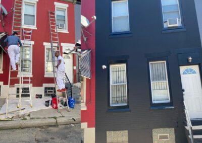 Before and after exterior painting Philadelphia rowhouse blue transformation with painters