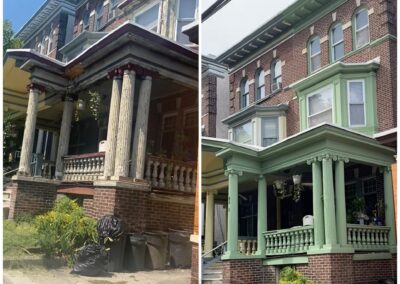 Before and after exterior painting Philadelphia brick building green trim transformation
