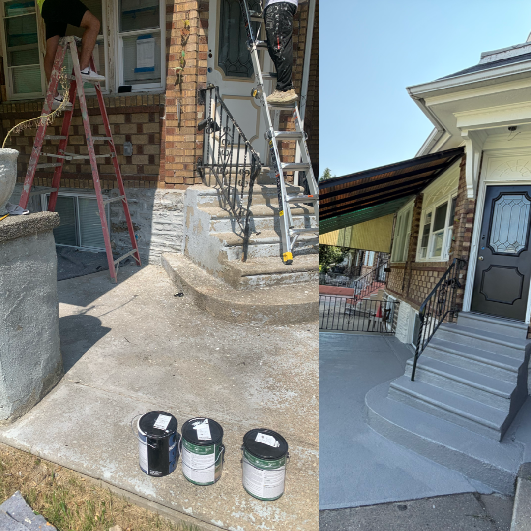 Project 4: Front Steps, Porch and Iron Railing Repaint — Philadelphia | Affordable Philly Painters Before and after Philadelphia front steps, concrete porch and wrought iron railing repainted grey and black by UMAR Painting Co.