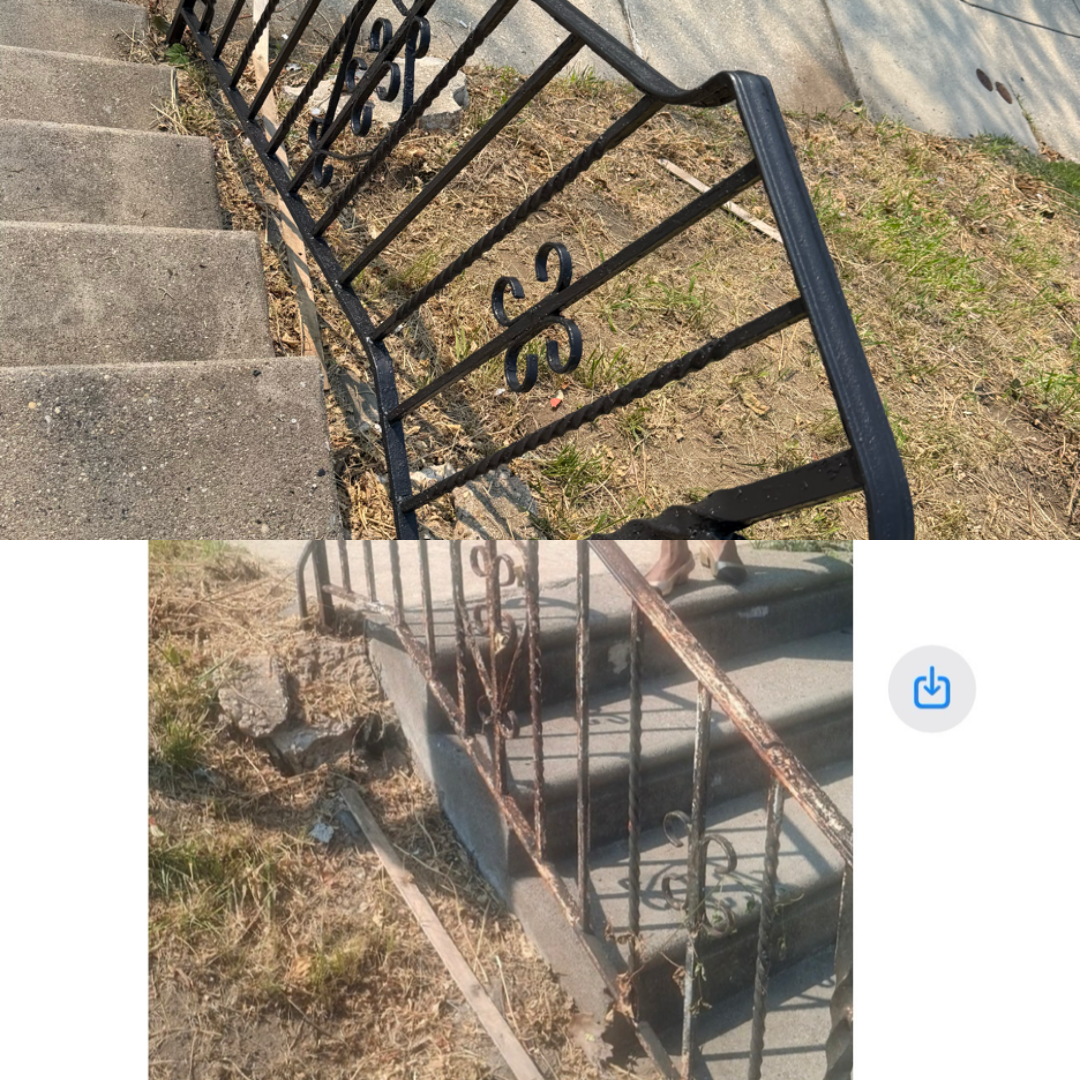 Project 5: Wrought Iron Railing Rust Removal and Repaint — Philadelphia | Affordable Philly Painters Before and after wrought iron railing rust removal and gloss black repaint on Philadelphia rowhome steps by UMAR Painting Co.
