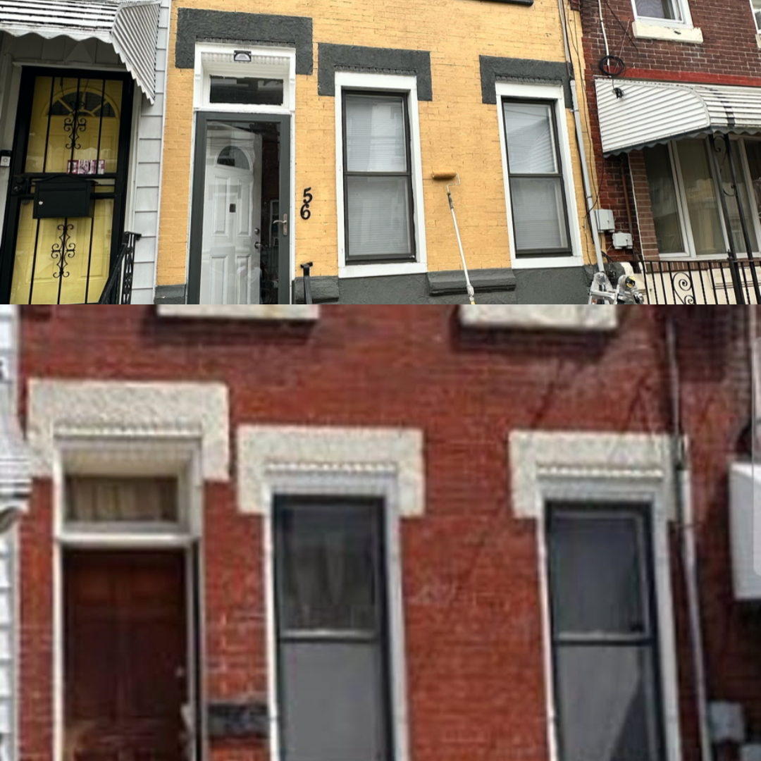 Project 6: Brick Rowhome Facade Painting — South Philadelphia (19147) | Affordable Philly Painters Before and after South Philadelphia rowhome brick facade painted yellow with charcoal grey trim by UMAR Painting Co. exterior painters