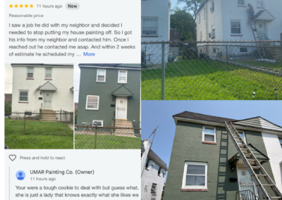Five-star Google review with before and after photos of a Philadelphia, PA twin home exterior repainted from white stucco to hunter green with white trim by UMAR Painting Co.